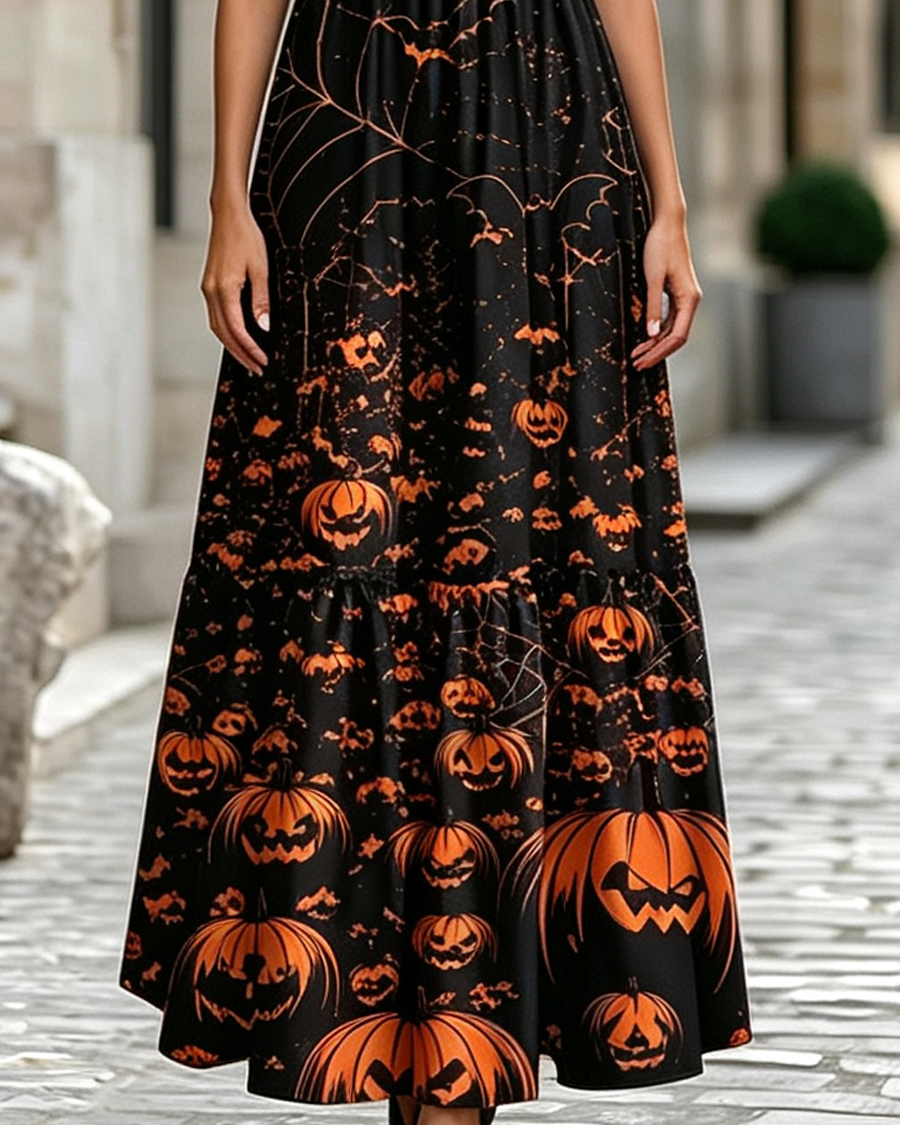 Halloween Pumpkin Wide Straps Maxi Dress