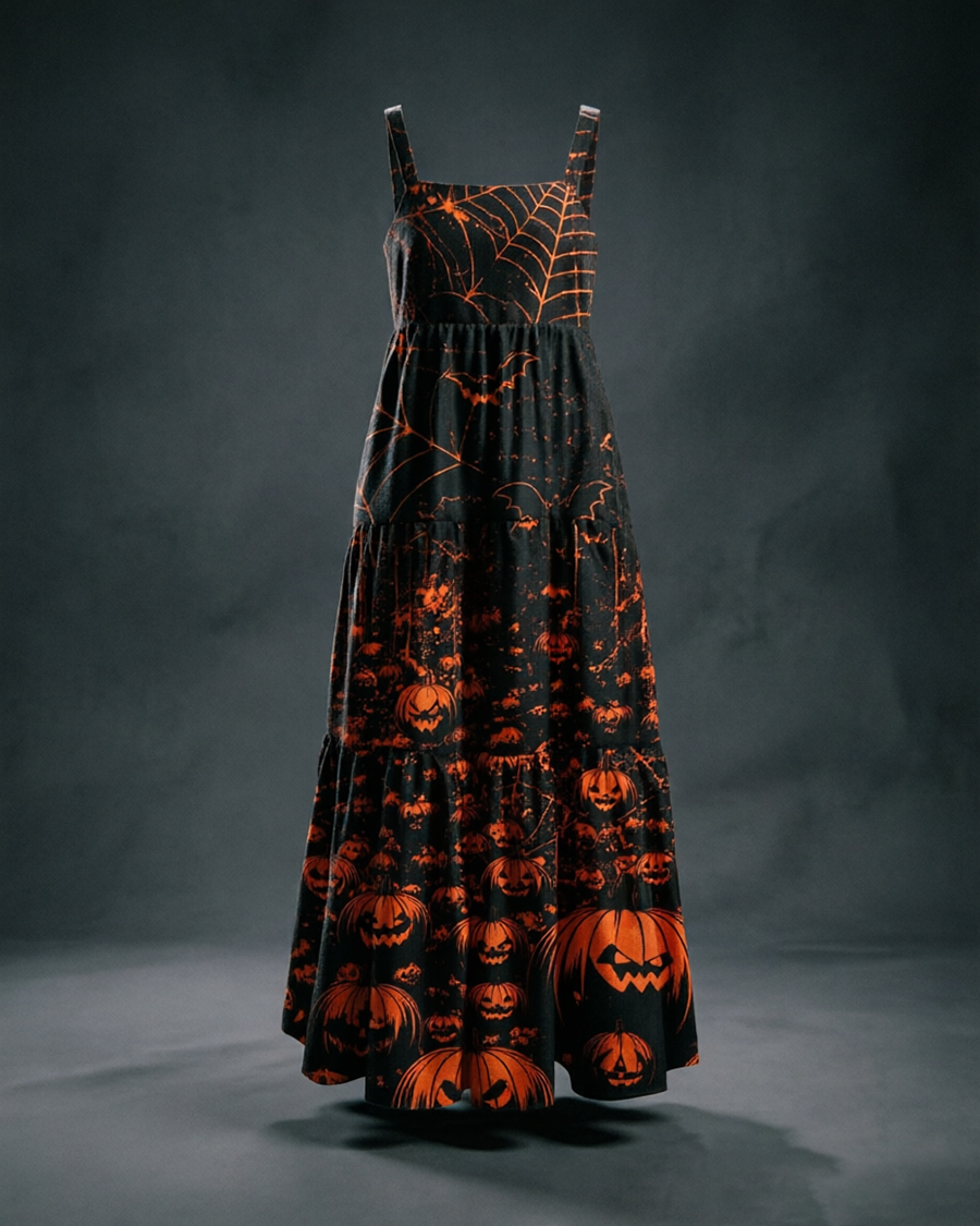 Halloween Pumpkin Wide Straps Maxi Dress
