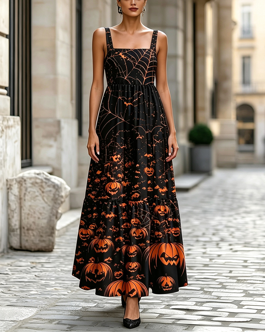 Halloween Pumpkin Wide Straps Maxi Dress