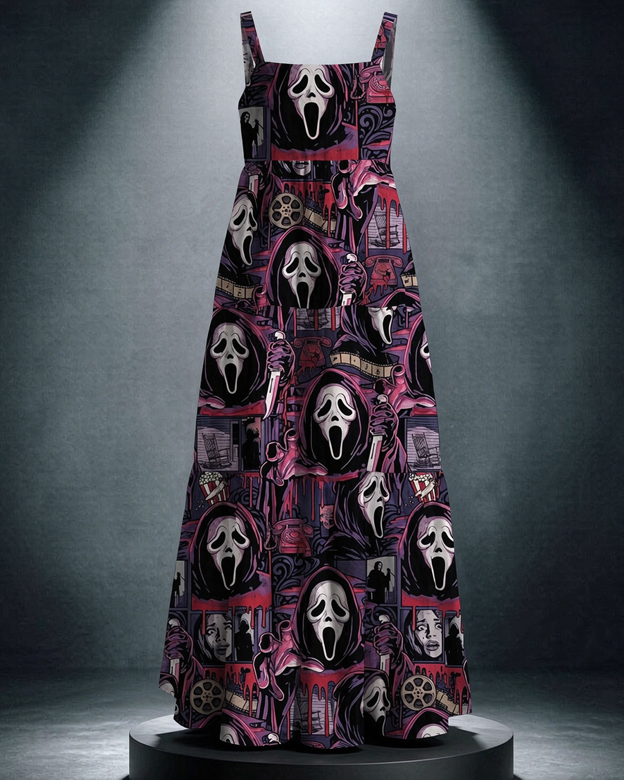 Horror Slasher Collage Adjustable Straps Maxi Dress