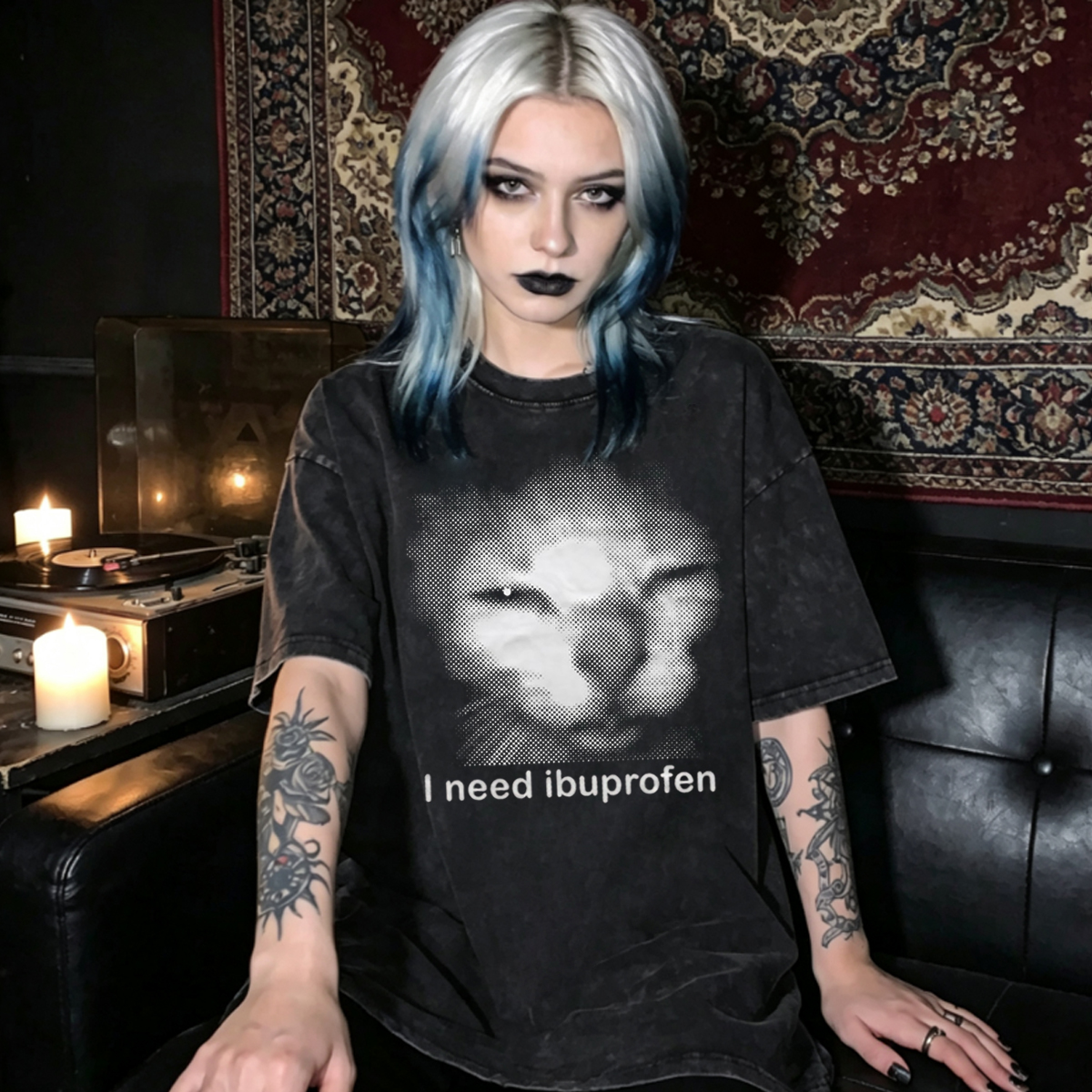 I need Ibuprofen Funny Vintage Graphic Cat Washed T-Shirt Gothcreep