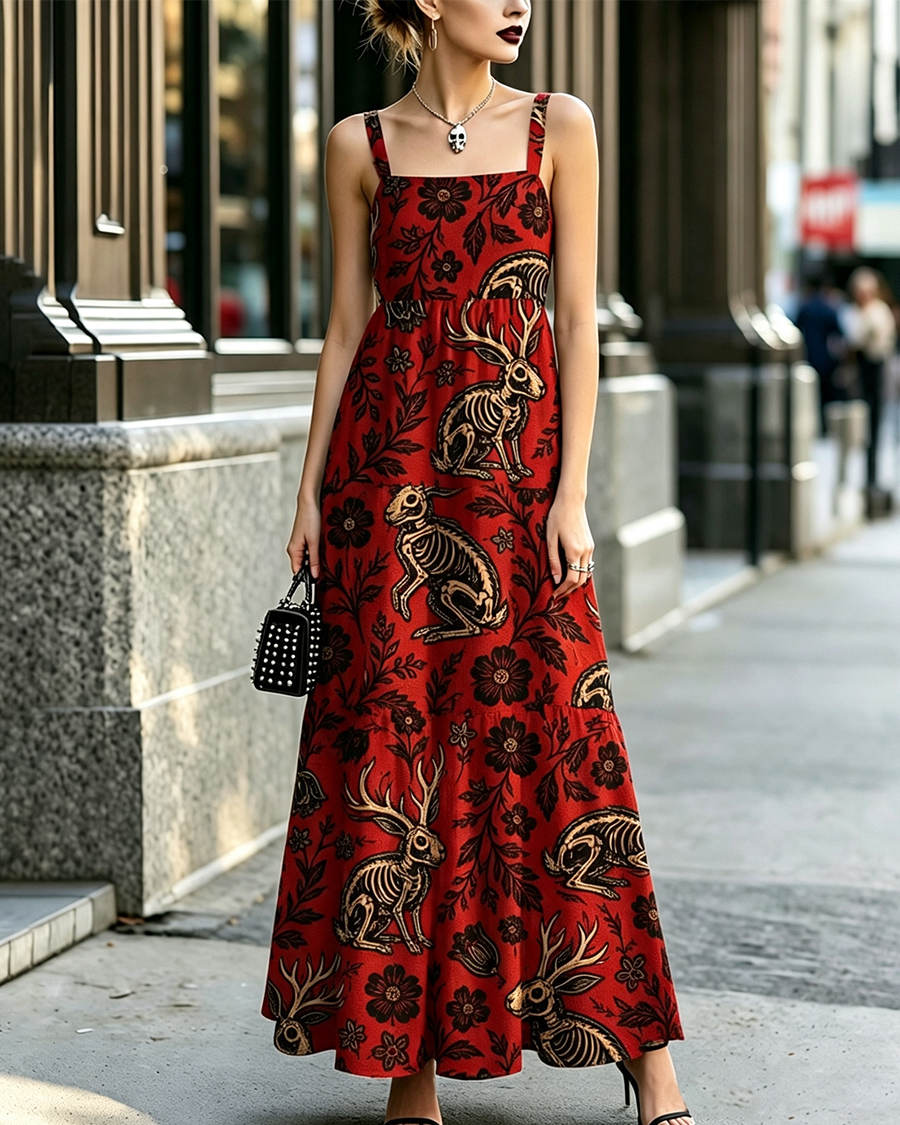 Jacklope Flower Gothic Adjustable Straps Maxi Dress