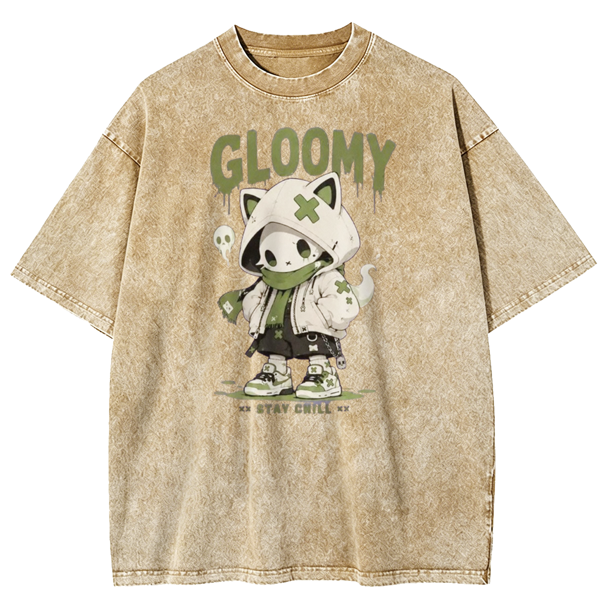 Gloomy Skeleton Cat Washed T-Shirt