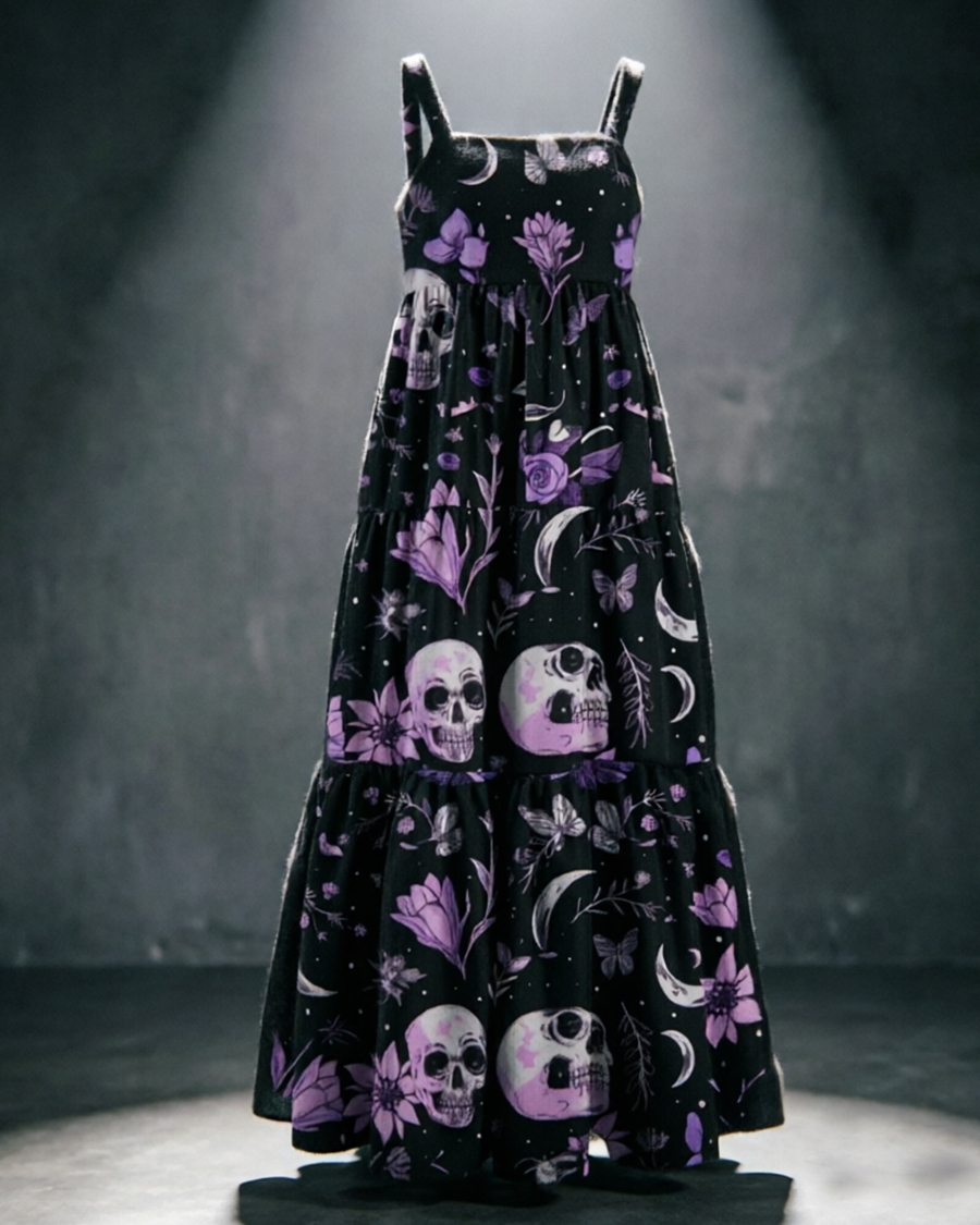 Lavender Flower Skull Gothic Maxi Dress