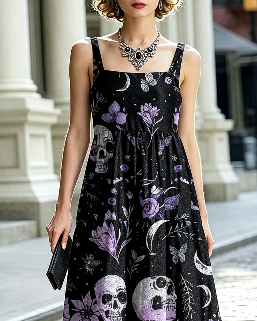 Lavender Flower Skull Gothic Maxi Dress