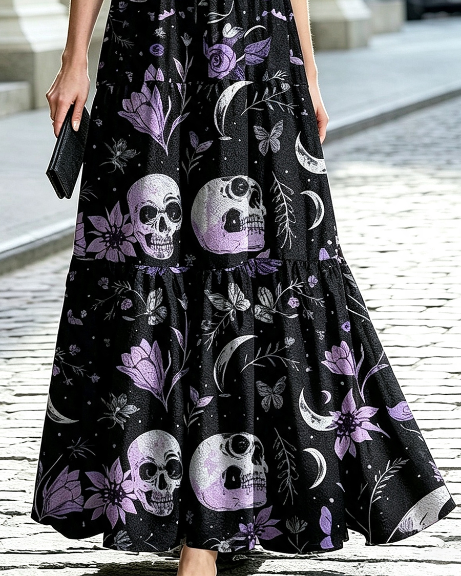 Lavender Flower Skull Gothic Maxi Dress