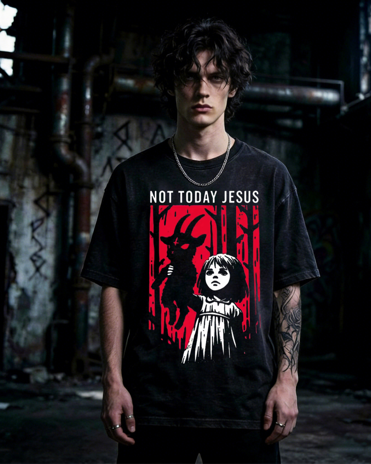 Not Today Jesus Gothic Dark Art Creepy Washed T-Shirt