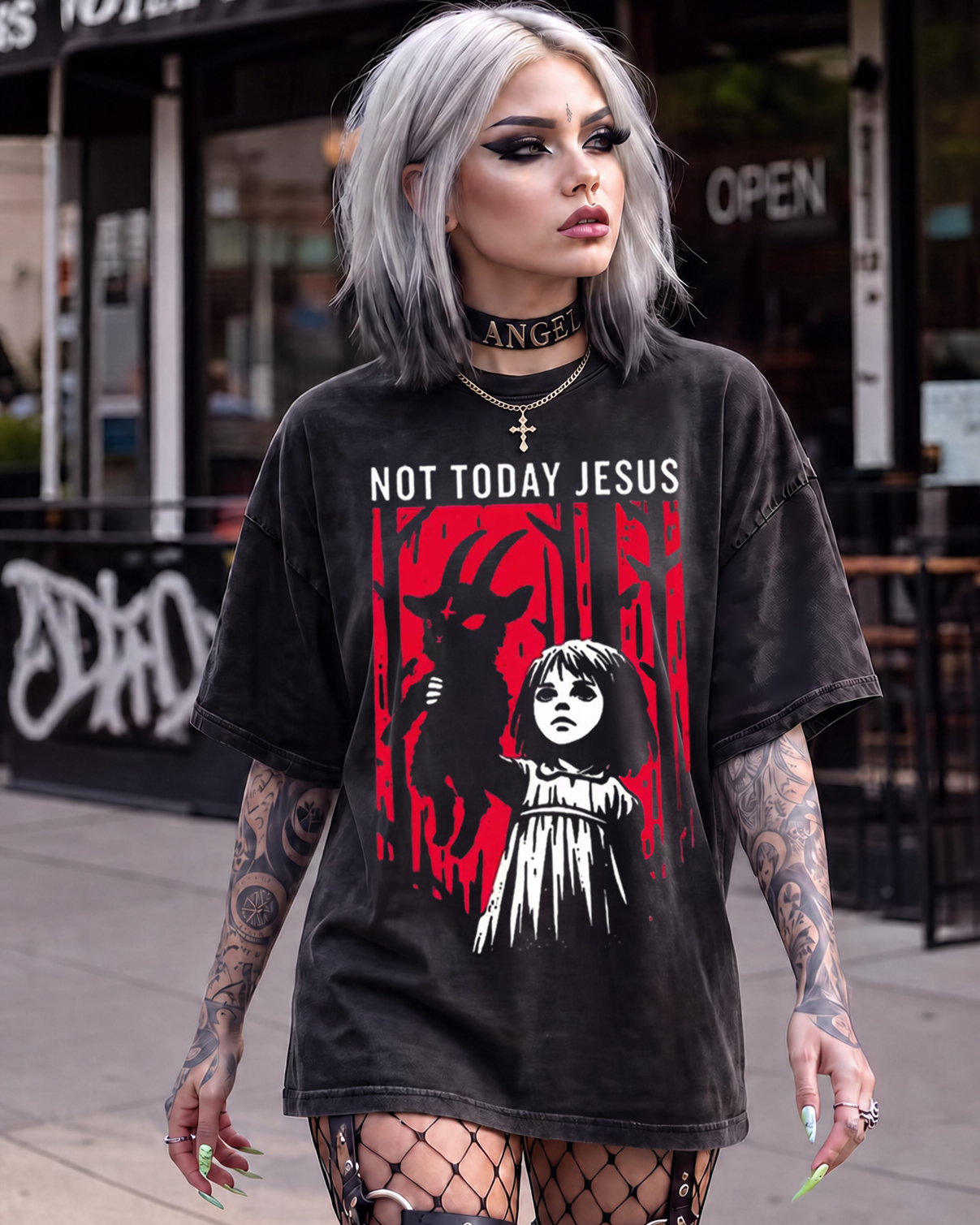 Not Today Jesus Gothic Dark Art Creepy Washed T-Shirt
