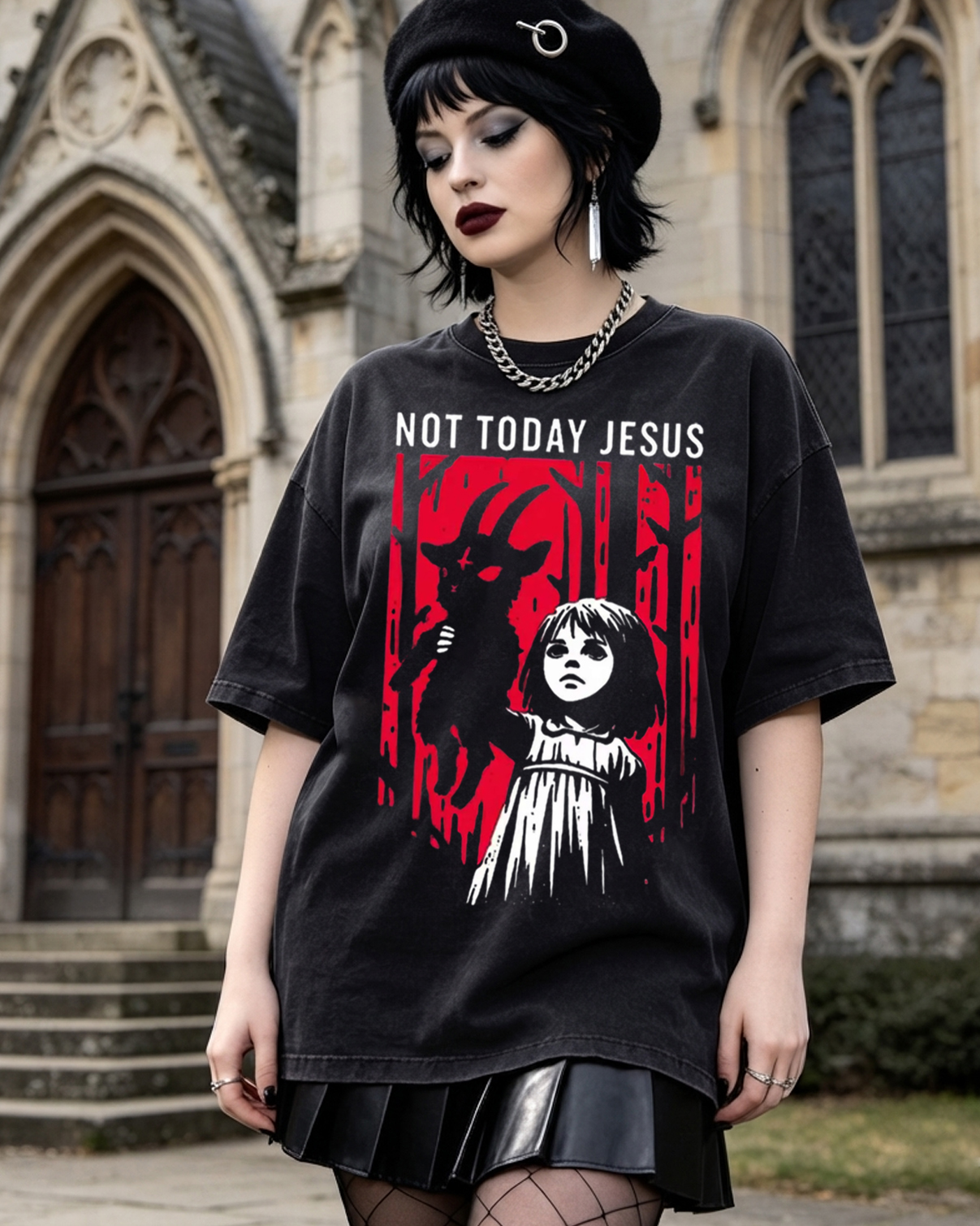 Not Today Jesus Gothic Dark Art Creepy Washed T-Shirt