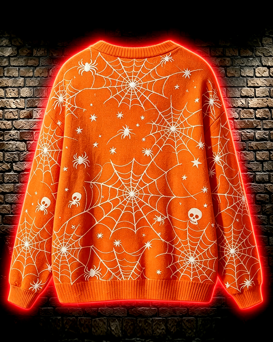 Orange Halloween Spiderweb Cardigan Sweater