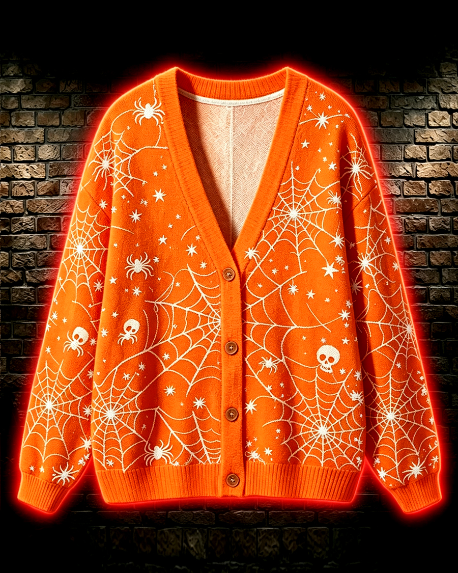 Orange Halloween Spiderweb Cardigan Sweater