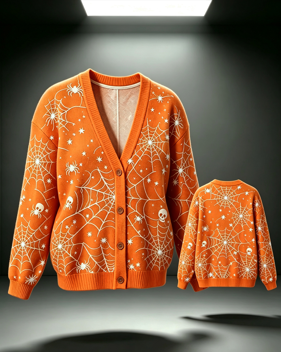 Orange Halloween Spiderweb Cardigan Sweater