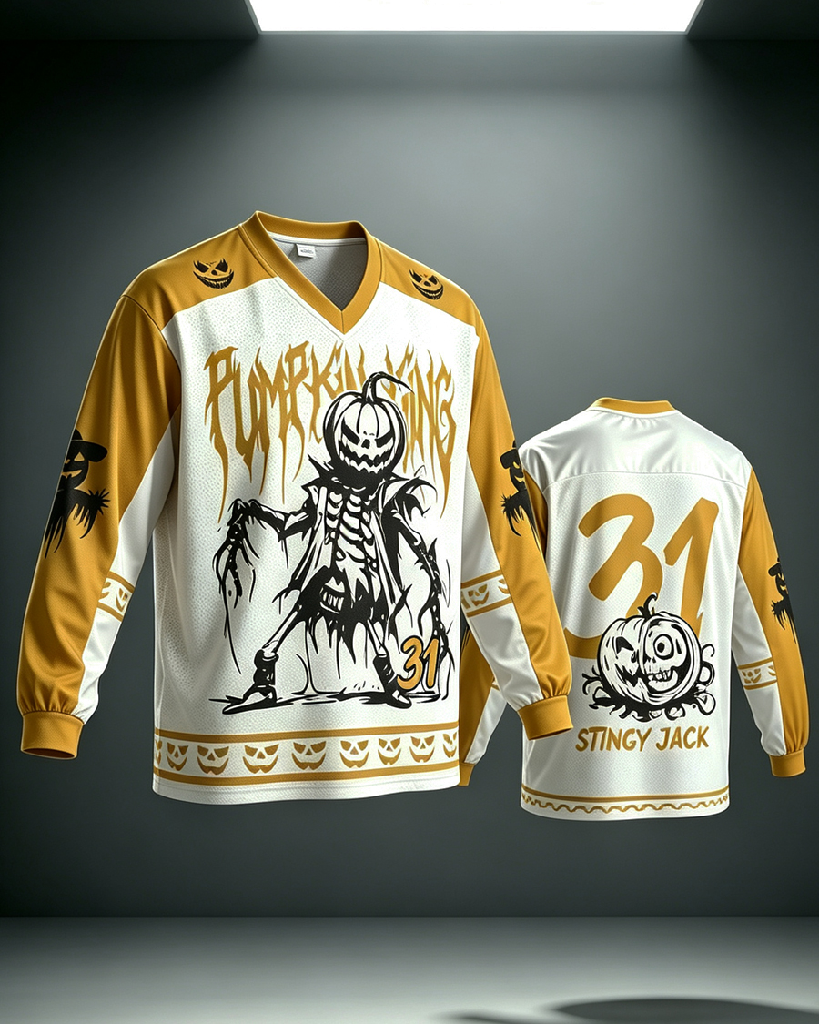 Pumpkin Man Horror V-Neck Long Sleeve Jersey