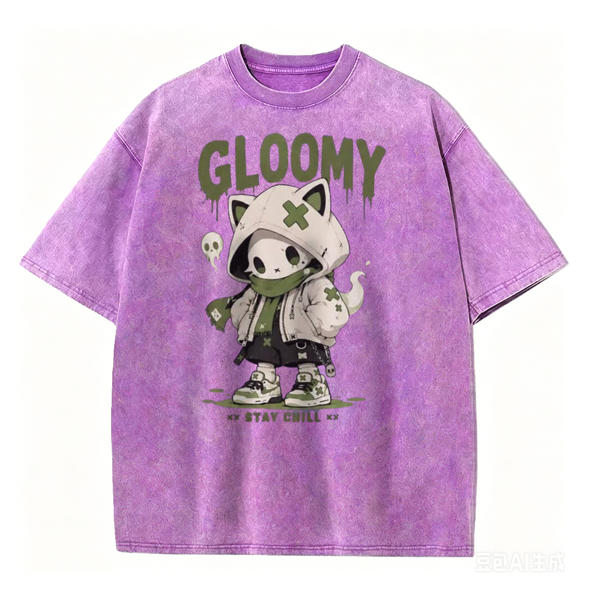 Gloomy Skeleton Cat Washed T-Shirt