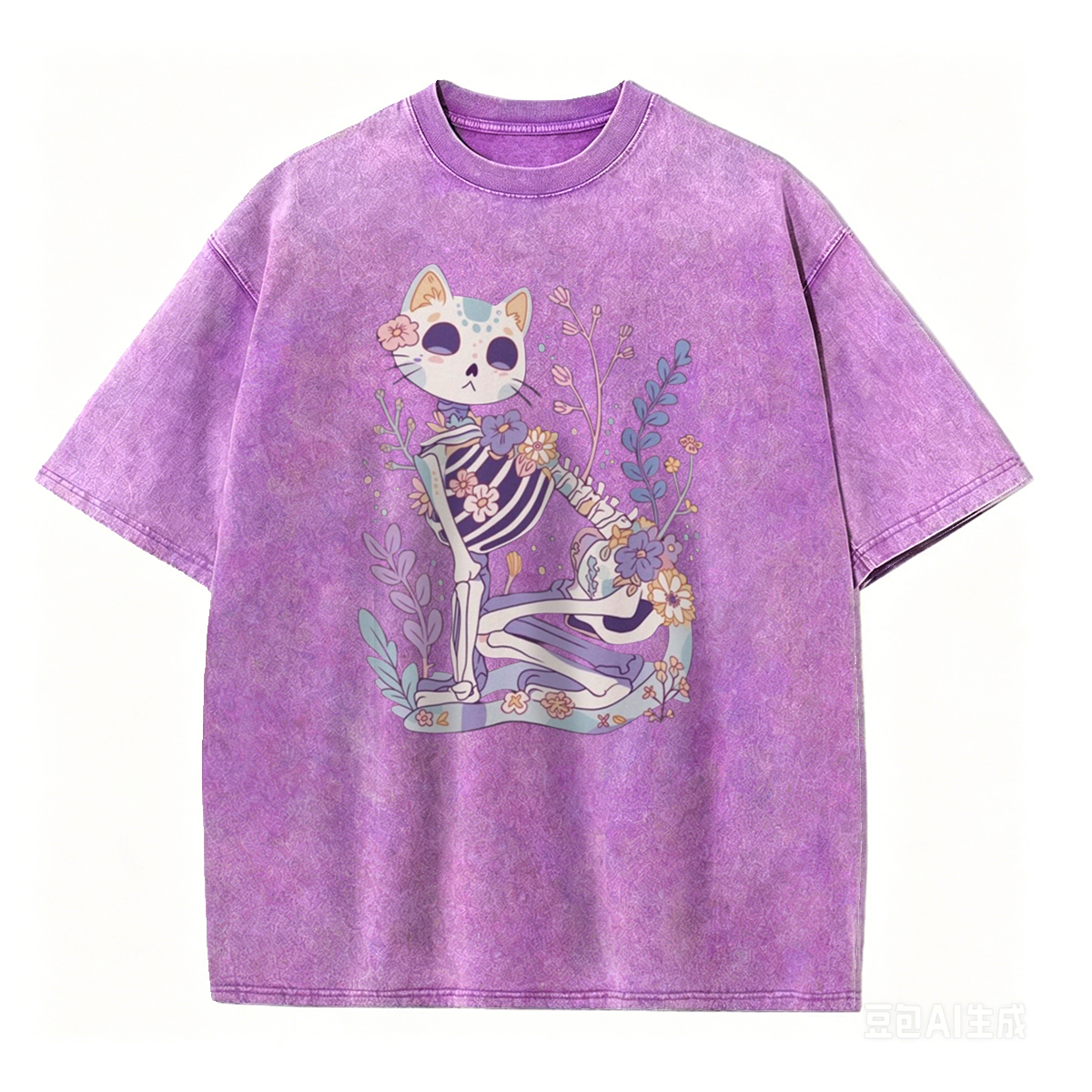 Pastel Goth Cat Skeleton Washed T-Shirt 