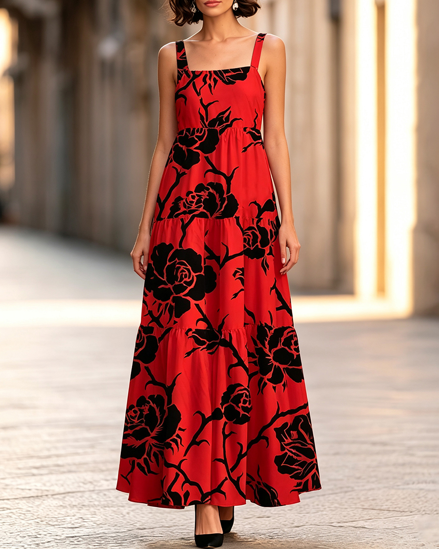 Gothic Rose Adjustable Straps Maxi Dress