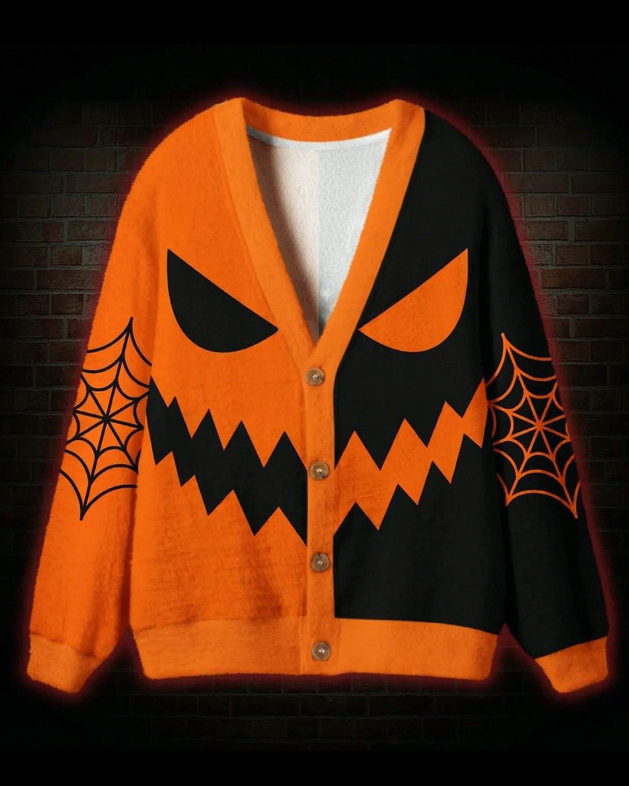 Split Face Pumpkin Demon Cardigan Sweater