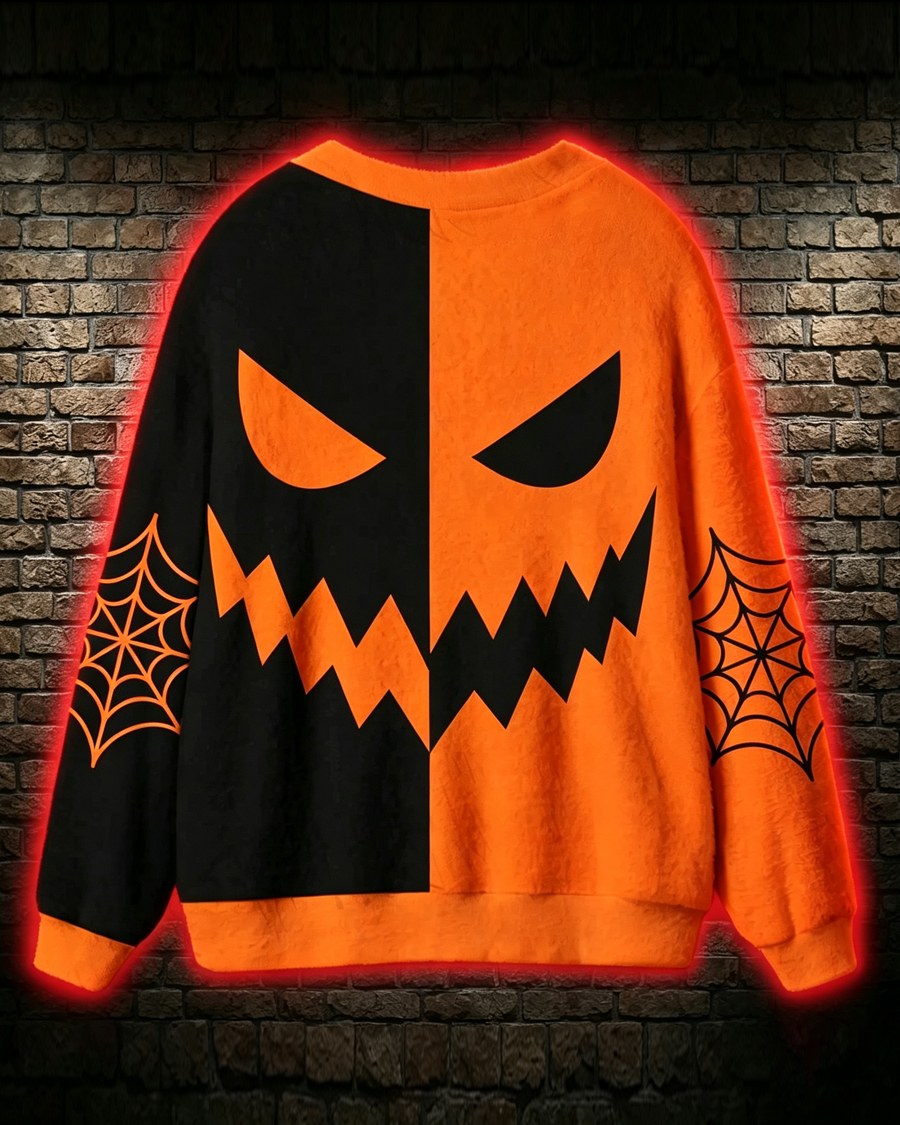 Split Face Pumpkin Demon Cardigan Sweater