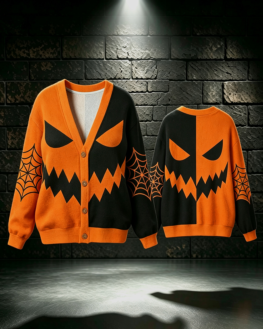 Split Face Pumpkin Demon Cardigan Sweater