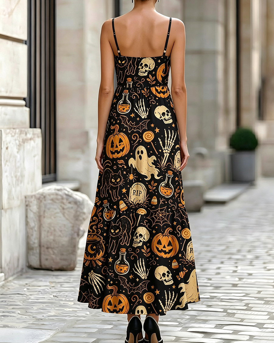 Spooky Ghost Black Cat Halloween Maxi Dress