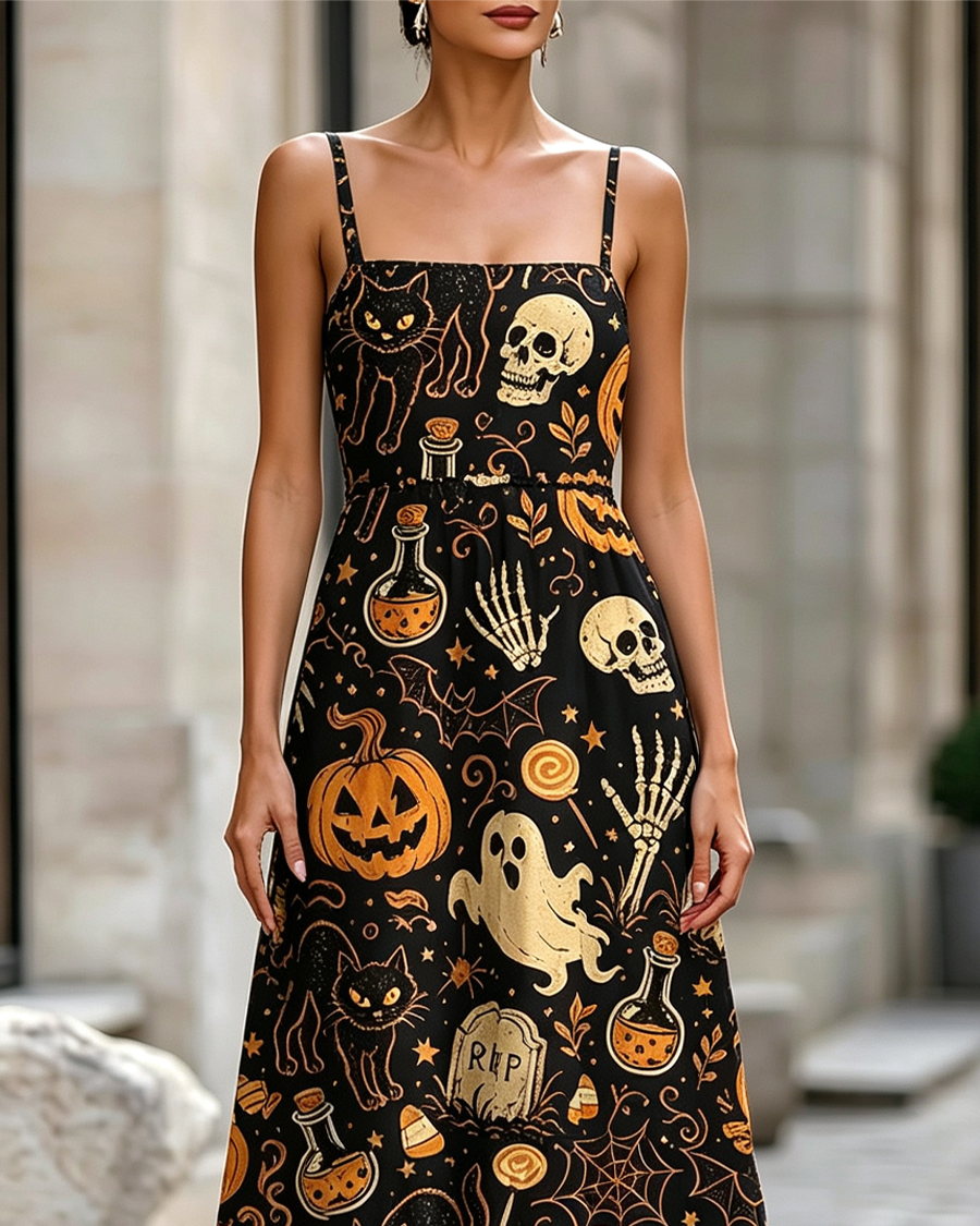 Spooky Ghost Black Cat Halloween Maxi Dress