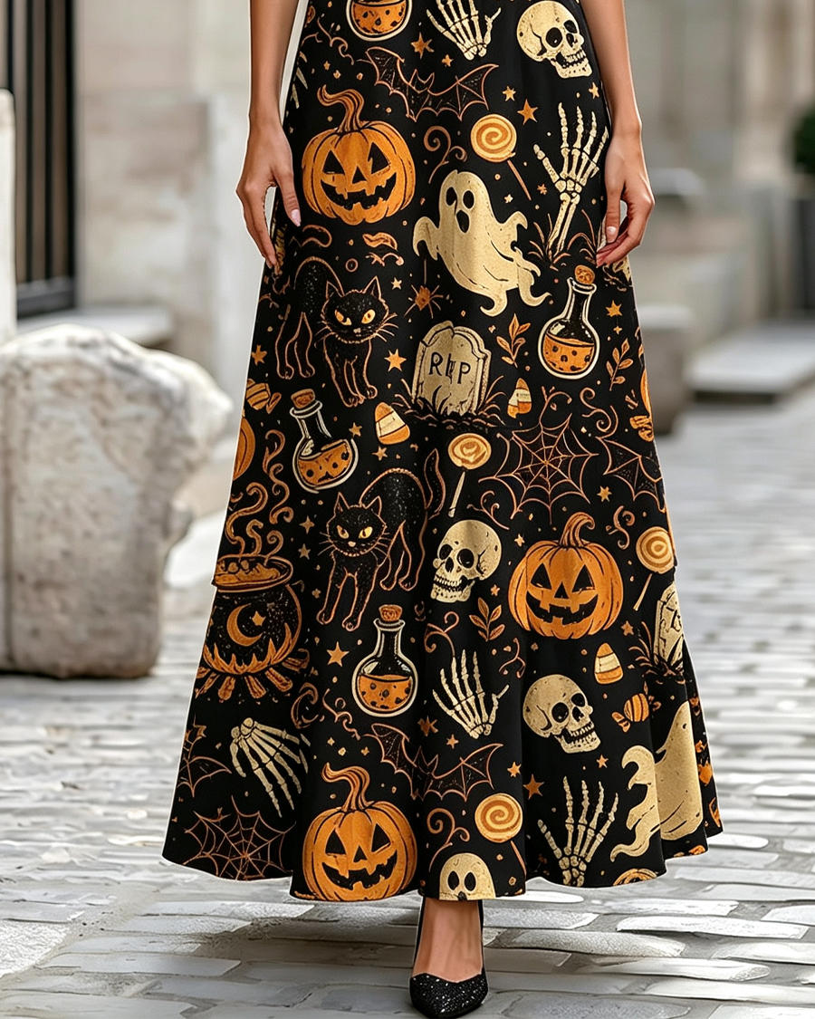 Spooky Ghost Black Cat Halloween Maxi Dress
