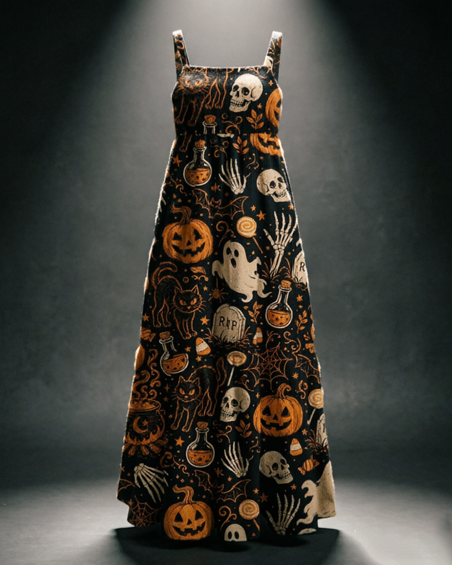 Spooky Ghost Black Cat Halloween Maxi Dress