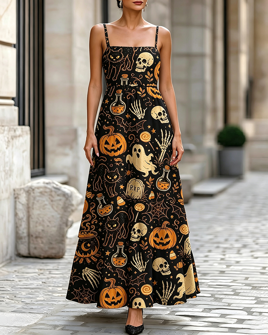 Spooky Ghost Black Cat Halloween Maxi Dress