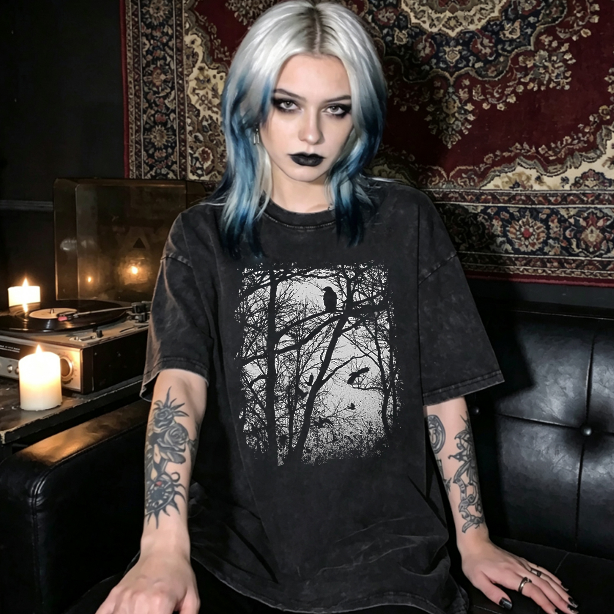 Tree Forest Raven Washed T-Shirt, Occult Gothic Graphic Tee Gothcreep