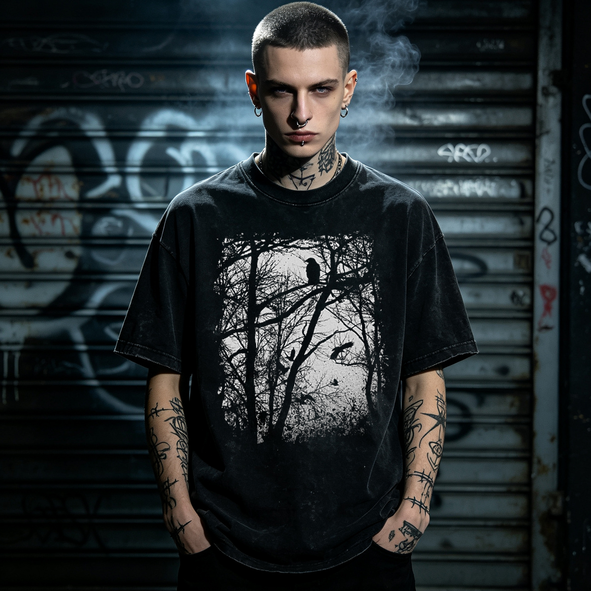 Tree Forest Raven Washed T-Shirt, Occult Gothic Graphic Tee Gothcreep