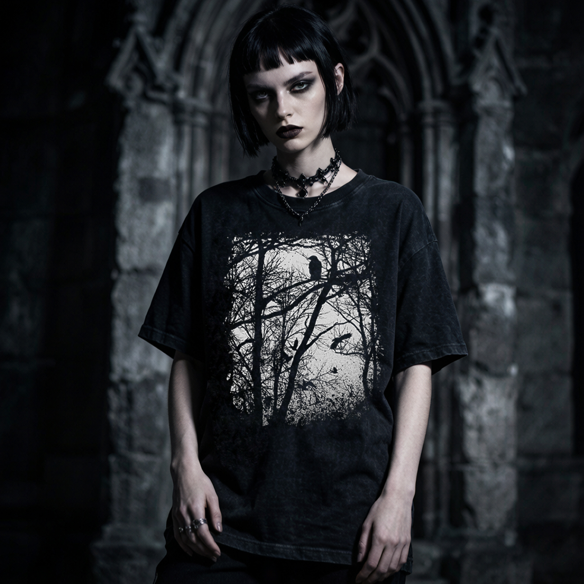 Tree Forest Raven Washed T-Shirt, Occult Gothic Graphic Tee Gothcreep