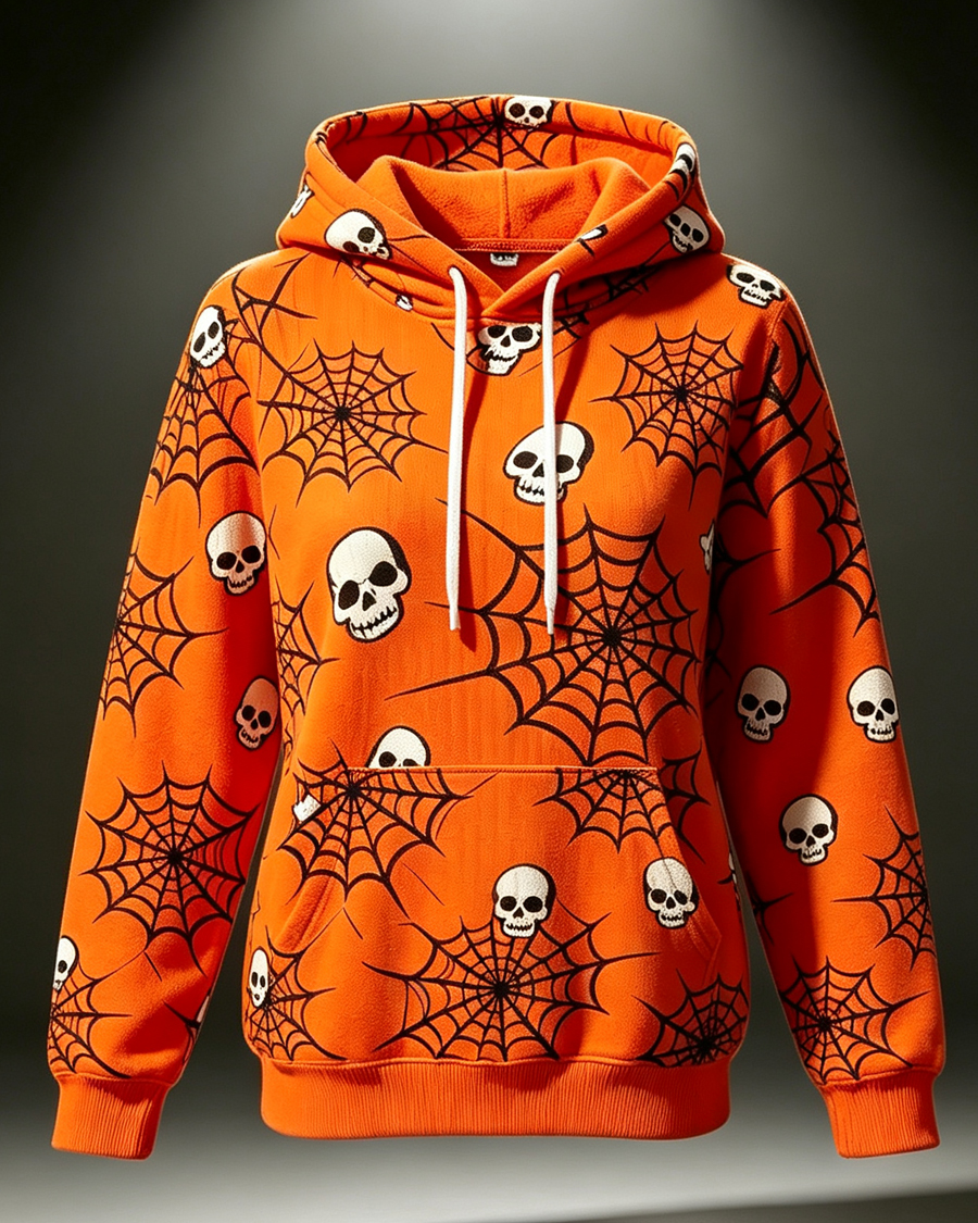 Vibrant Orange Skull & Spiderweb All Over Print Hoodie
