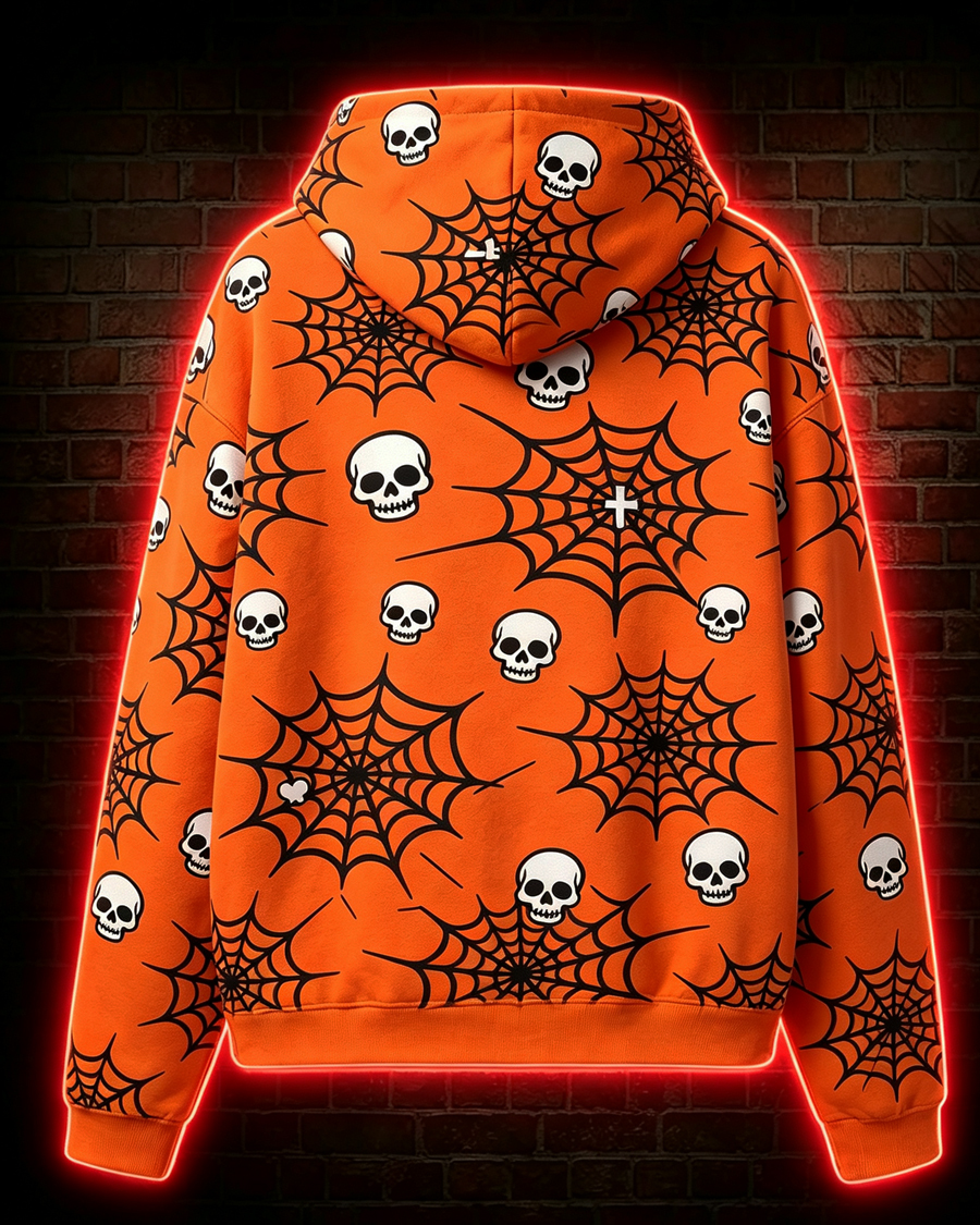 Vibrant Orange Skull & Spiderweb All Over Print Hoodie