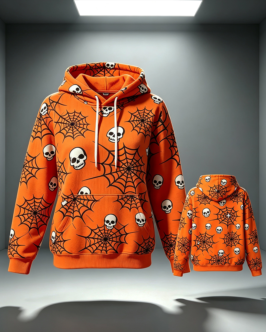 Vibrant Orange Skull & Spiderweb All Over Print Hoodie