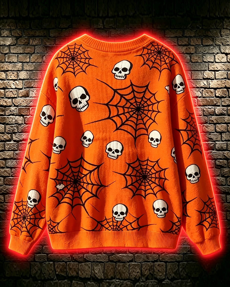 Vibrant Orange Skull & Spiderweb Cardigan Sweater