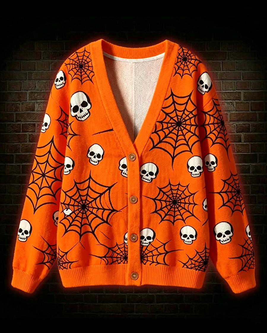 Vibrant Orange Skull & Spiderweb Cardigan Sweater