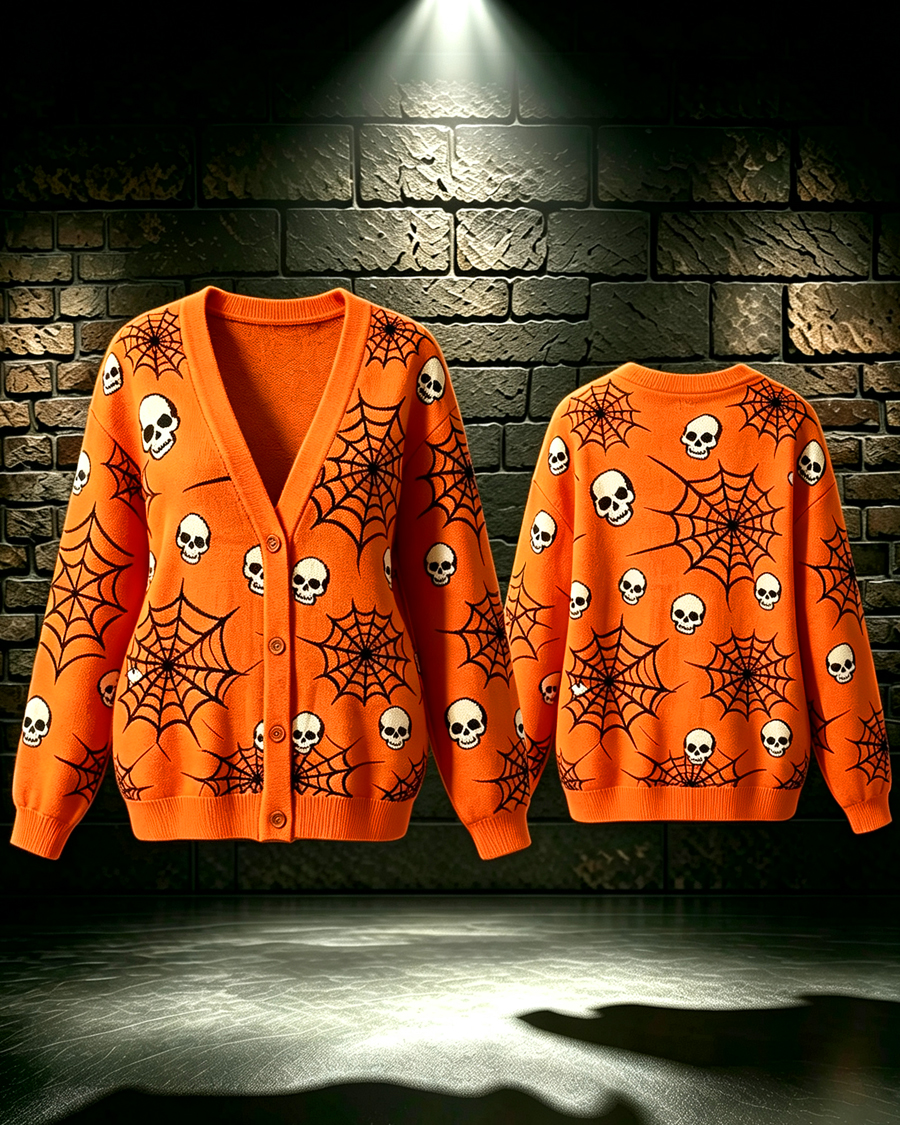 Vibrant Orange Skull & Spiderweb Cardigan Sweater