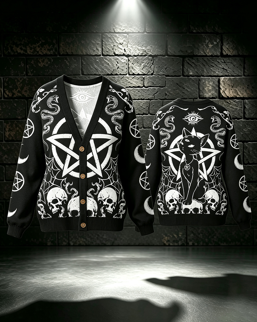 Witch's Familiar Skull Cat Cardigan Sweater
