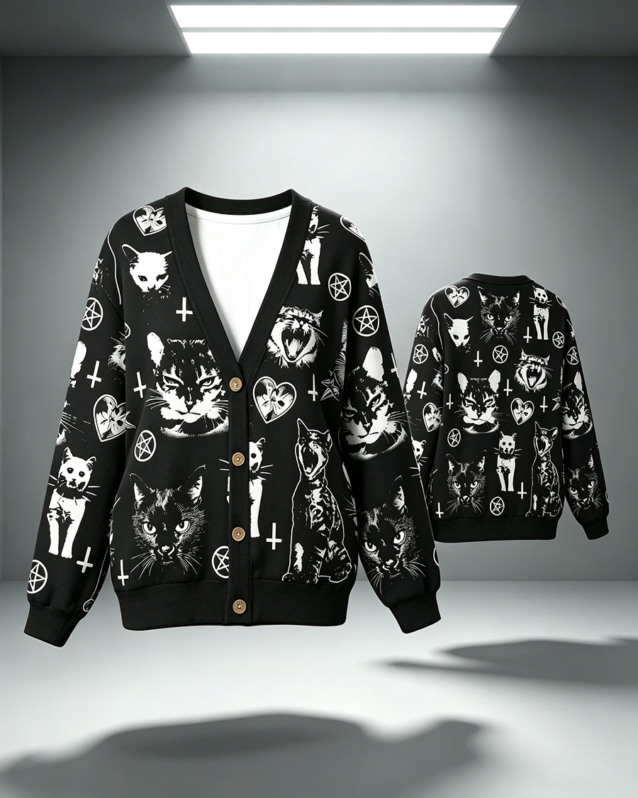 Gothic Occult Black Cat Print Cardigan Sweater