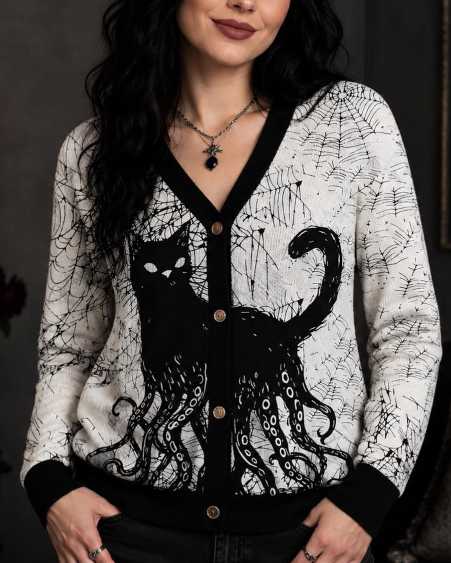 Octopus And Black Cat Cardigan Sweater