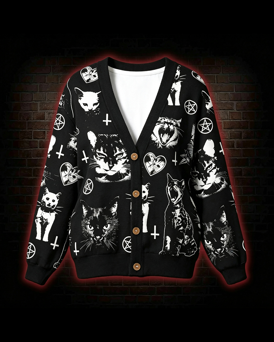 Gothic Occult Black Cat Print Cardigan Sweater