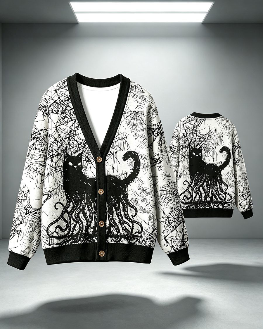 Octopus And Black Cat Cardigan Sweater