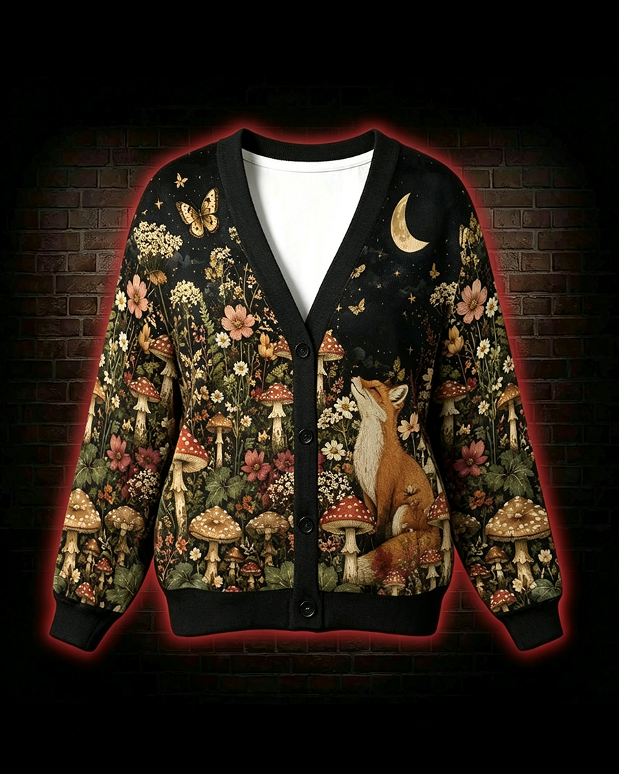 Whimsical Forest Fox Mushroom Cardigan Sweater