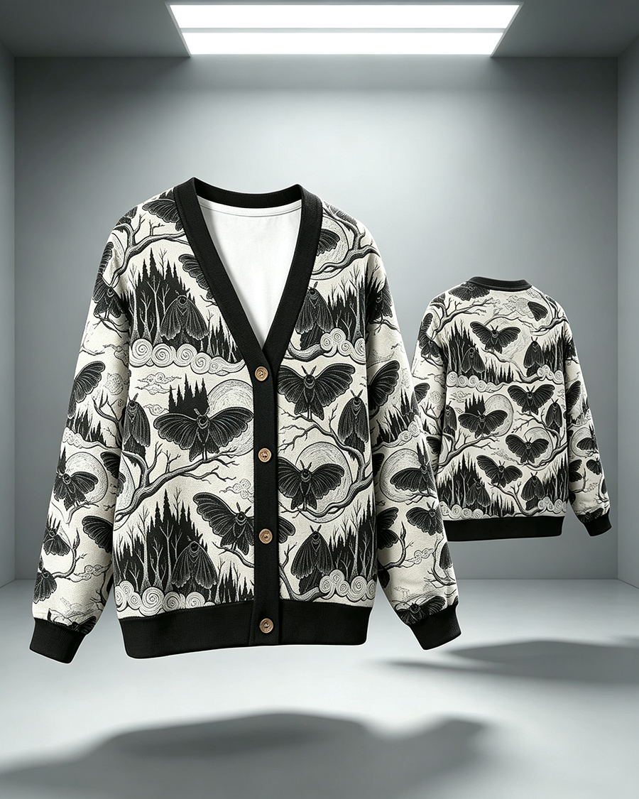 Gothic Forest Mothman Print Cardigan Sweater