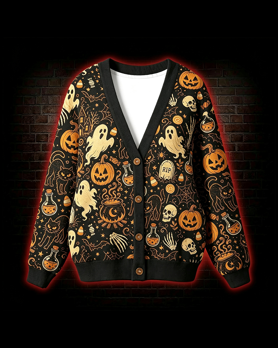 Spooky Ghost Black Cat Cardigan Sweater
