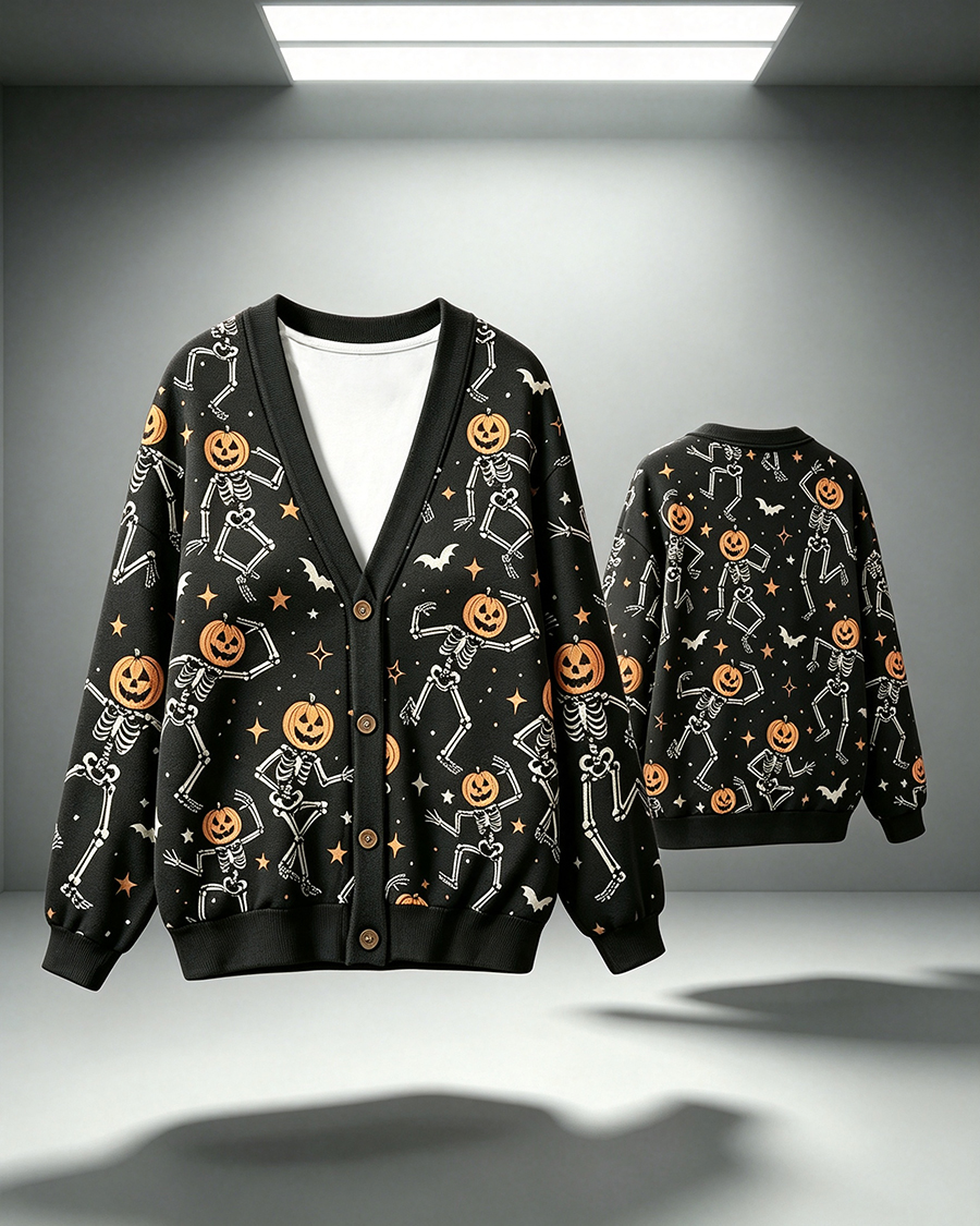 Dancing Pumpkin Skeleton Cardigan Sweater