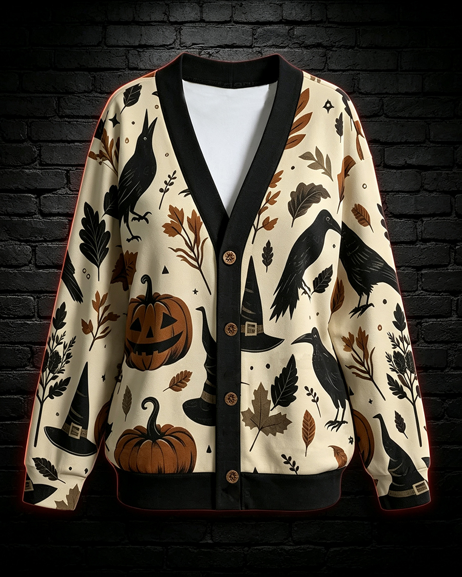 Witchy Halloween Raven Pumpkin Cardigan Sweater