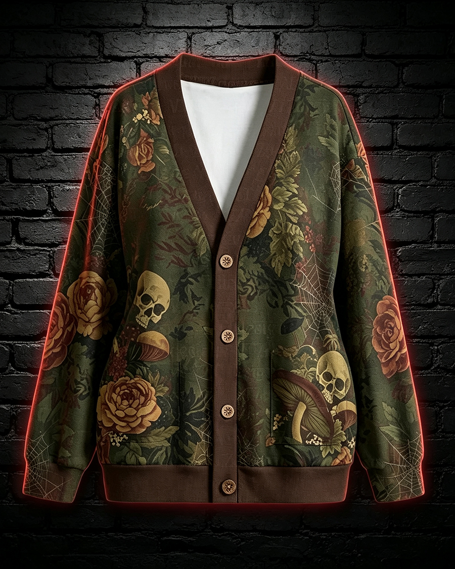 Witchy Halloween Skull Rose Mushroom Cardigan Sweater