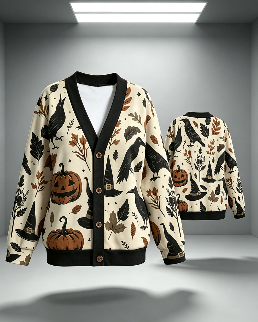 Witchy Halloween Raven Pumpkin Cardigan Sweater