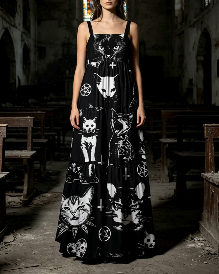 Angry Cat Punk Gothic Wide Straps Maxi Dress